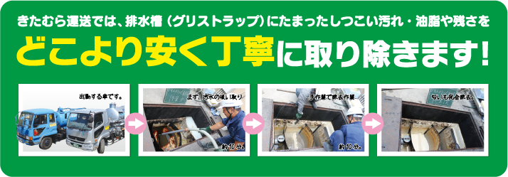 きたむら処理企画では排水槽（グリストラップ）のしつこい汚れ・油脂をどこよりも安く丁寧に取り除きます。